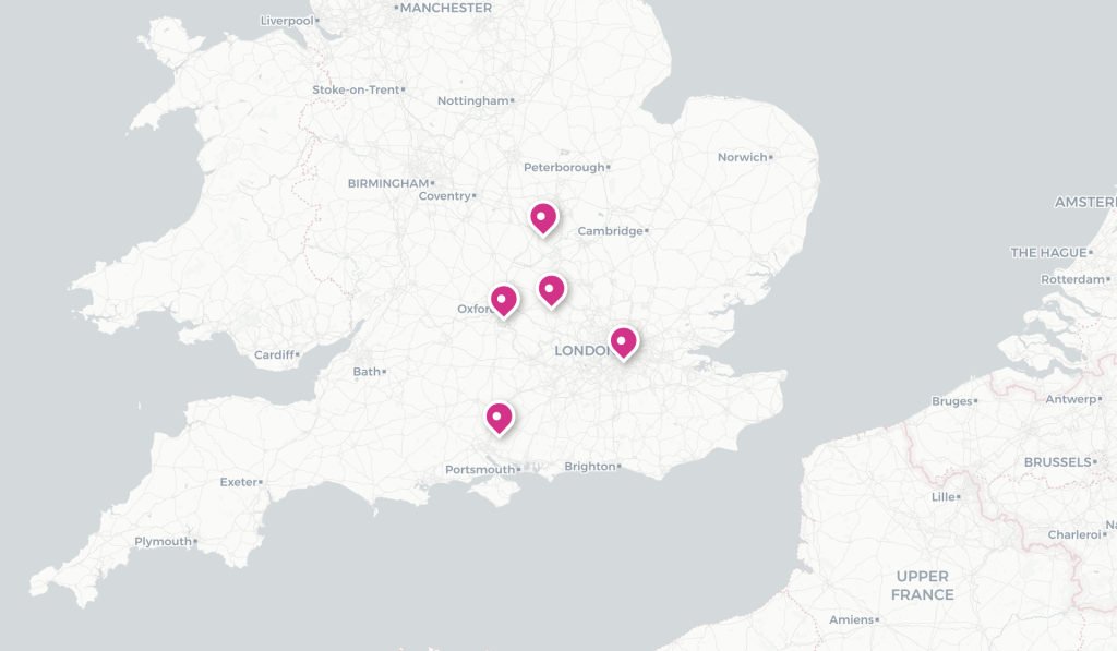 Map of Famah coverage across Buckinghamshire, Oxfordshire, Hampshire, Northamptonshire and London
